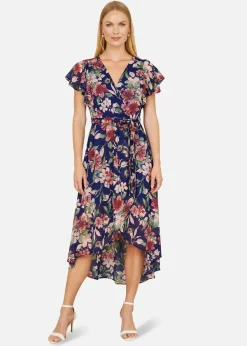 Yumi Blue Floral Wrap Midi Dress With Frill Hem