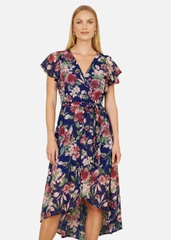 Yumi Blue Floral Wrap Midi Dress With Frill Hem