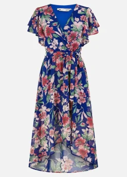 Yumi Blue Floral Wrap Midi Dress With Frill Hem