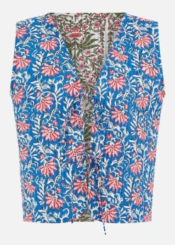 Yumi Blue Flower Reversible Cotton Quilted Waistcoat
