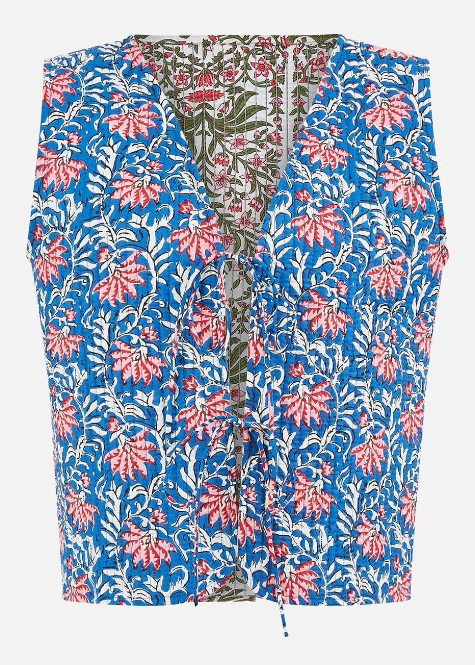Yumi Blue Flower Reversible Cotton Quilted Waistcoat