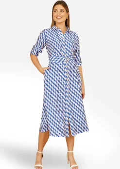Yumi Blue Geo Swirl Print Midi Shirt Dress