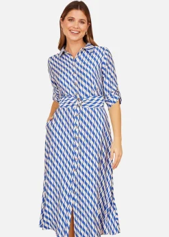 Yumi Blue Geo Swirl Print Midi Shirt Dress