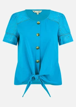 Yumi Blue Jersey Button Detail T Shirt With Broderie Anglaise Sleeves & Tie Front