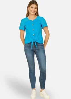 Yumi Blue Jersey Button Detail T Shirt With Broderie Anglaise Sleeves & Tie Front