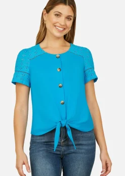 Yumi Blue Jersey Button Detail T Shirt With Broderie Anglaise Sleeves & Tie Front