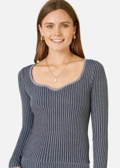 Yumi Blue Knitted Rib Fitted Jumper