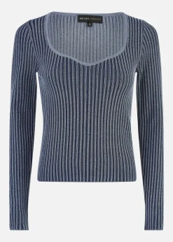 Yumi Blue Knitted Rib Fitted Jumper