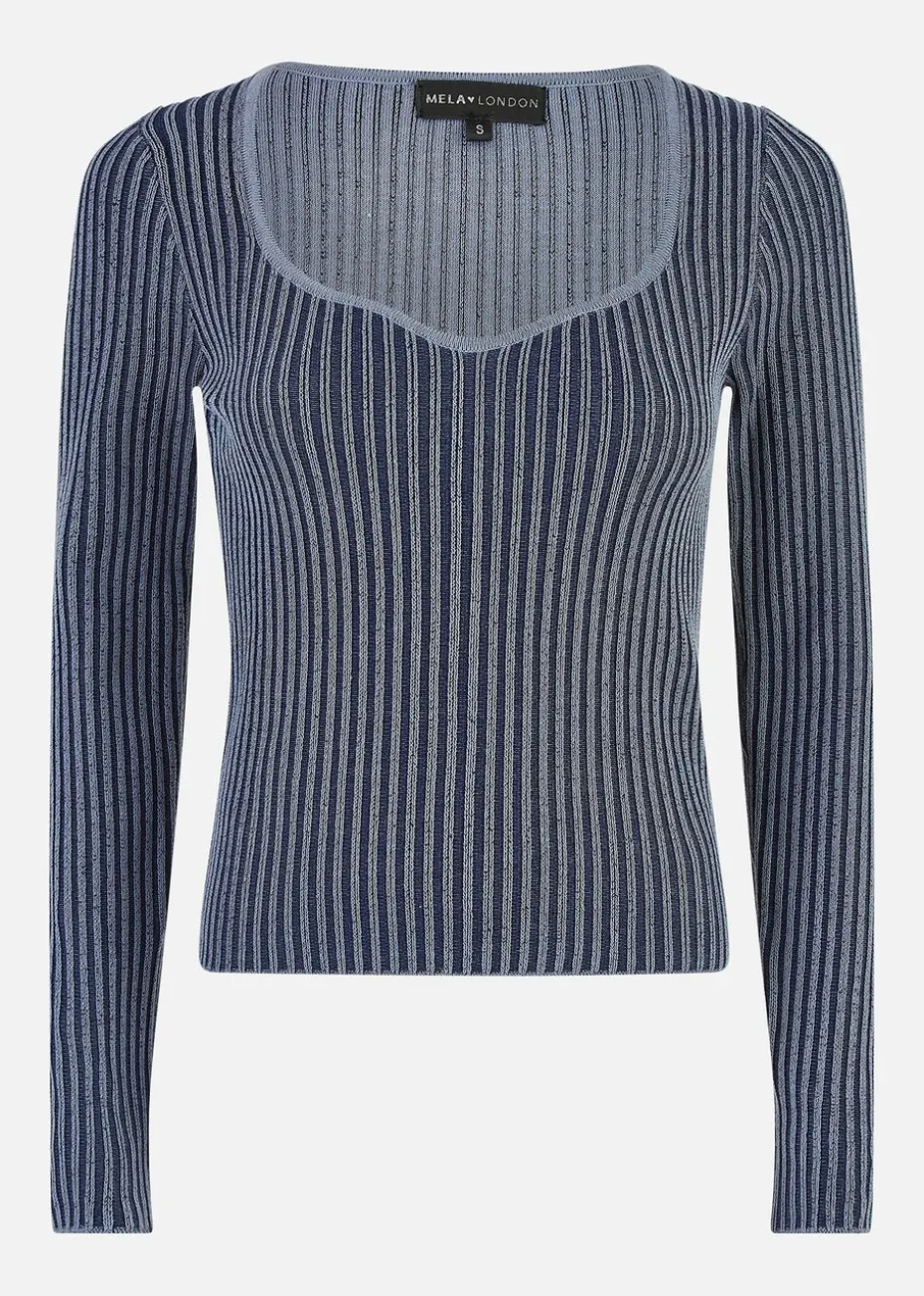 Yumi Blue Knitted Rib Fitted Jumper
