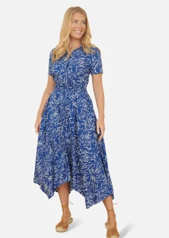 Yumi Blue Leaf Print Dip Hem Midi Shirt Dress