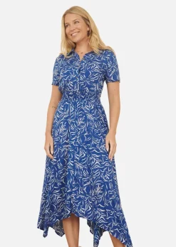 Yumi Blue Leaf Print Dip Hem Midi Shirt Dress