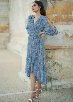 Yumi Blue Paisley Dipped Hemline Midi Dress With Open Long Sleeves