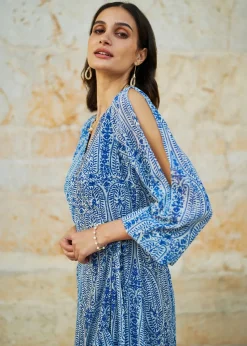 Yumi Blue Paisley Dipped Hemline Midi Dress With Open Long Sleeves