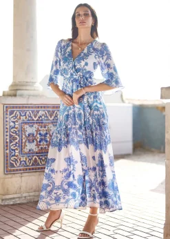 Yumi Blue Paisley Wrap Midi Dress With 3/4 Sleeves