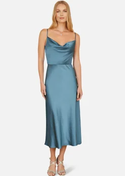 Yumi Blue Satin Cowl Neck Midi Dress