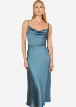 Yumi Blue Satin Cowl Neck Midi Dress