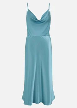 Yumi Blue Satin Cowl Neck Midi Dress
