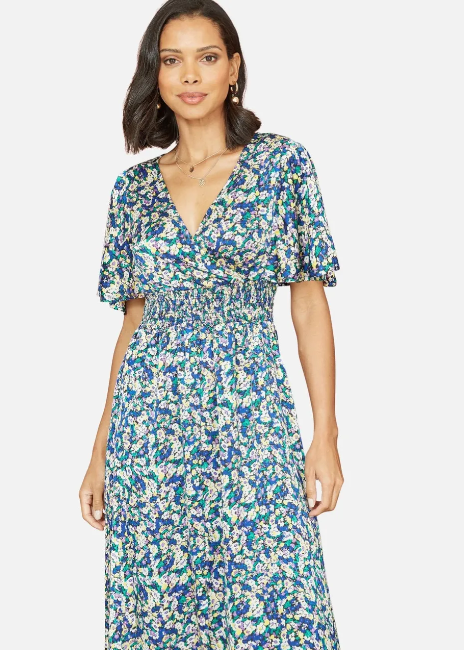 Yumi Blue Satin Ditsy Print Wrap Maxi Dress