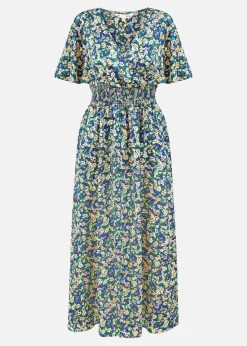 Yumi Blue Satin Ditsy Print Wrap Maxi Dress