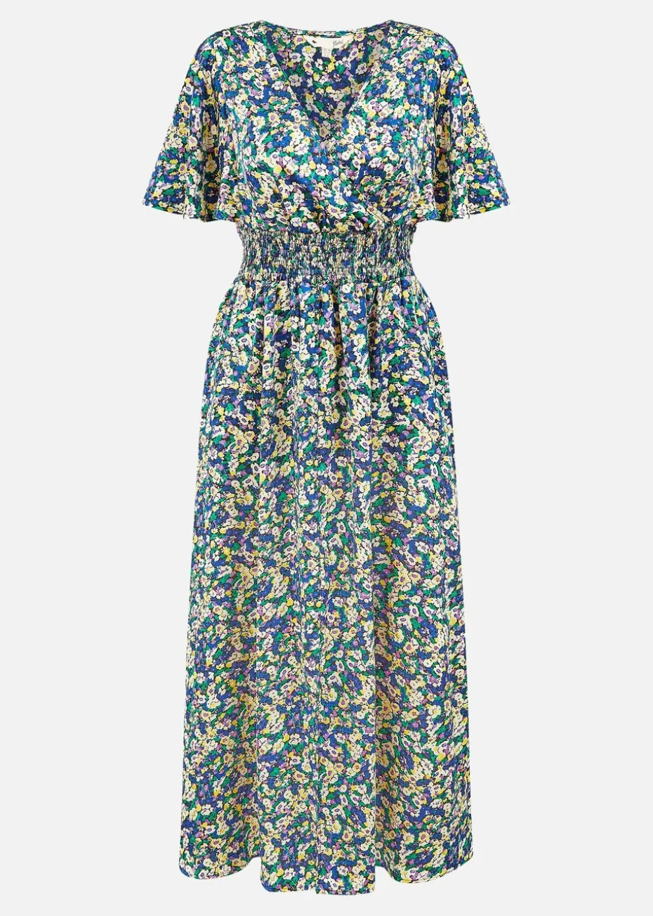 Yumi Blue Satin Ditsy Print Wrap Maxi Dress
