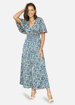 Yumi Blue Satin Ditsy Print Wrap Maxi Dress
