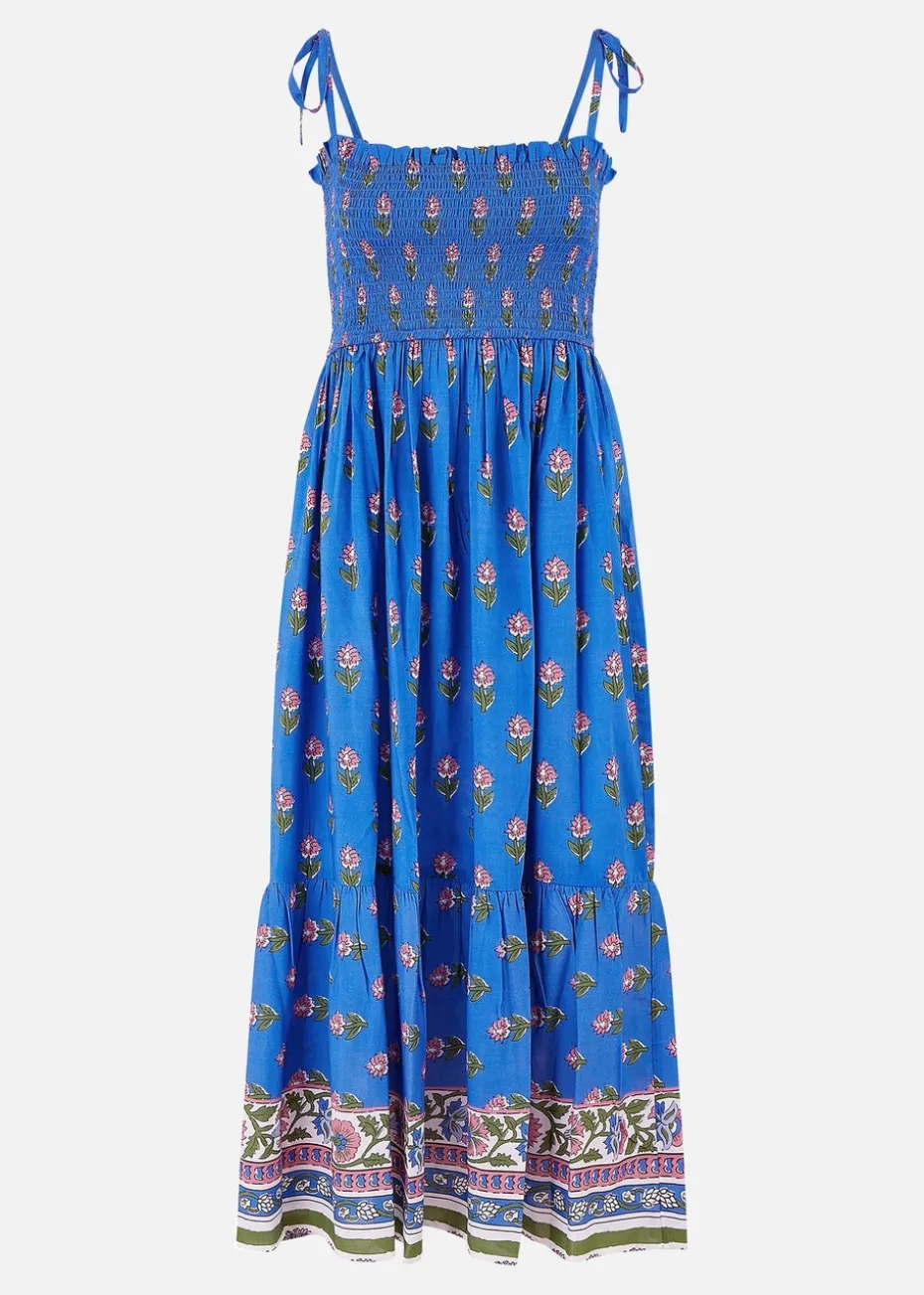 Yumi Blue Strappy Paisley Print Midi Dress With Ruched Bodice