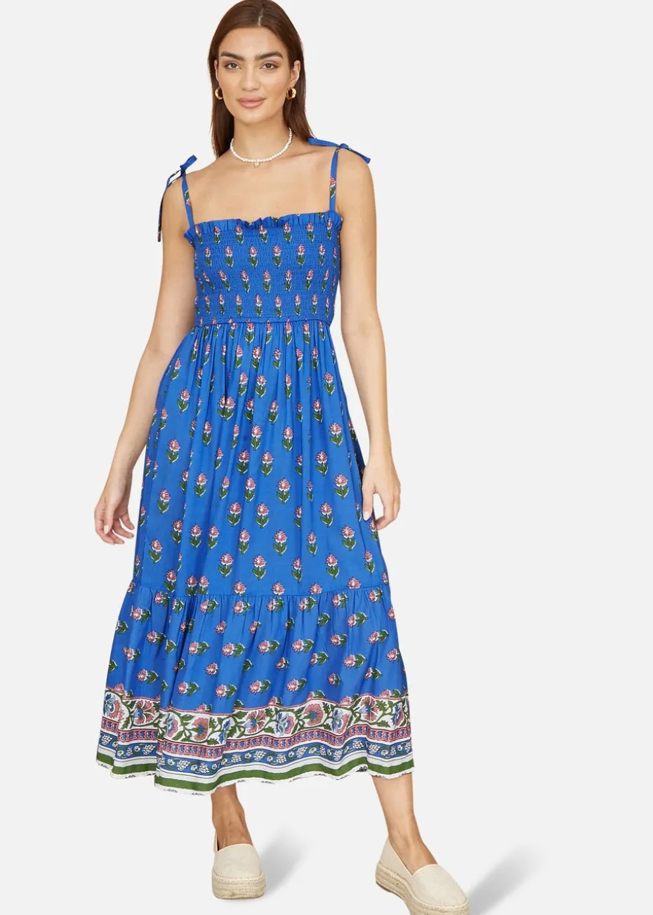 Yumi Blue Strappy Paisley Print Midi Dress With Ruched Bodice