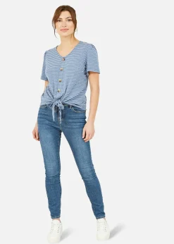 Yumi Blue Striped Jersey Button Detail Top