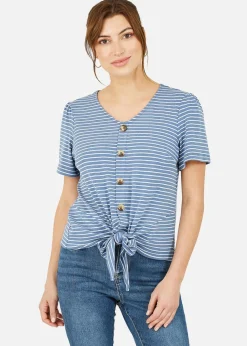 Yumi Blue Striped Jersey Button Detail Top