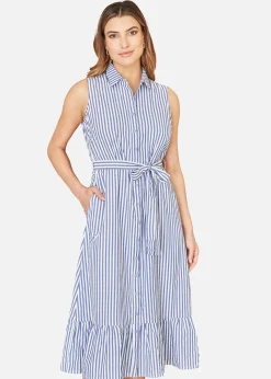 Yumi Blue Striped Sleeveless Midi Shirt Dress