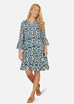 Yumi Blue Viscose Ikat Print 3/4 Sleeve Tunic Dress