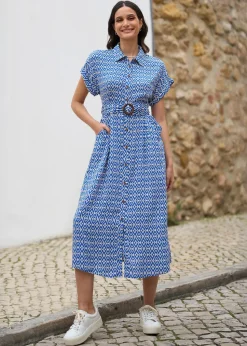 Yumi Blue Viscose Midi Shirt Dress With Matching Belt