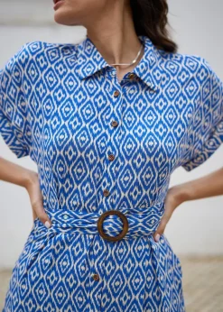 Yumi Blue Viscose Midi Shirt Dress With Matching Belt