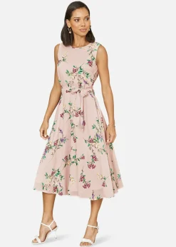 Yumi Blush Floral Print Midi Skater Dress