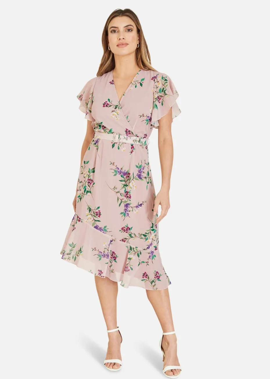 Yumi Blush Wrap Over Midi Dress With Frill Details And Matching Belt