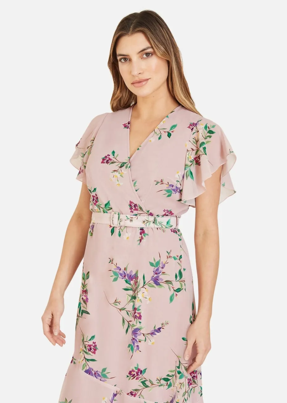 Yumi Blush Wrap Over Midi Dress With Frill Details And Matching Belt