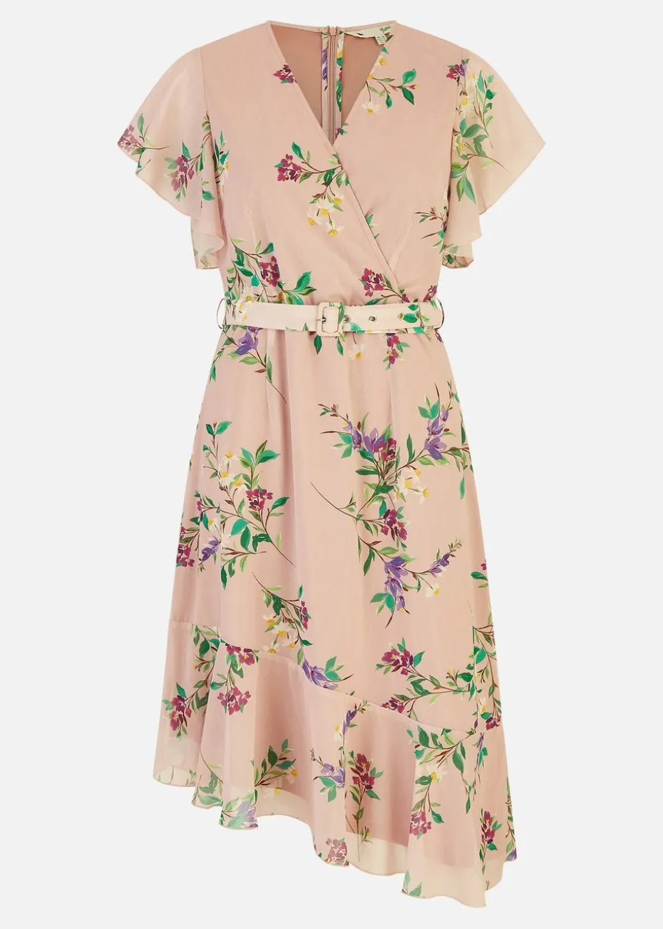 Yumi Blush Wrap Over Midi Dress With Frill Details And Matching Belt