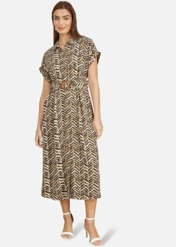Yumi Brown Abstract Animal Print Relaxed Midi Shirt Dress With Belt