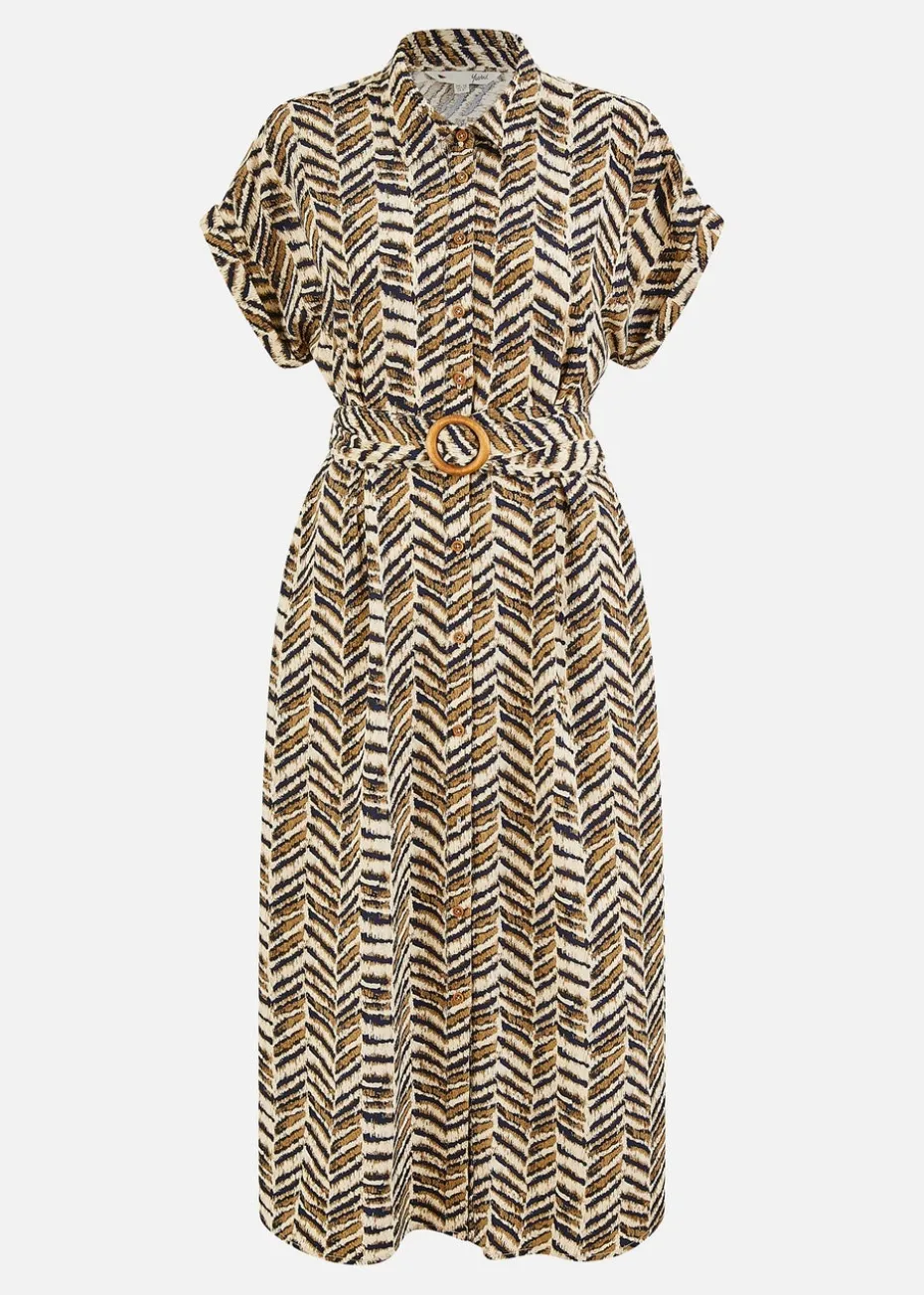 Yumi Brown Abstract Animal Print Relaxed Midi Shirt Dress With Belt