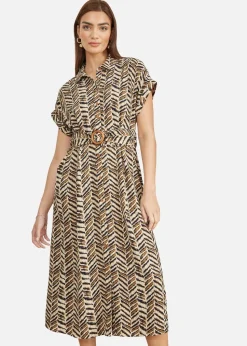 Yumi Brown Abstract Animal Print Relaxed Midi Shirt Dress With Belt