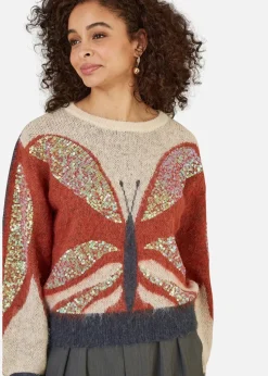 Yumi Brown Butterfly Sequin Knitted Jumper
