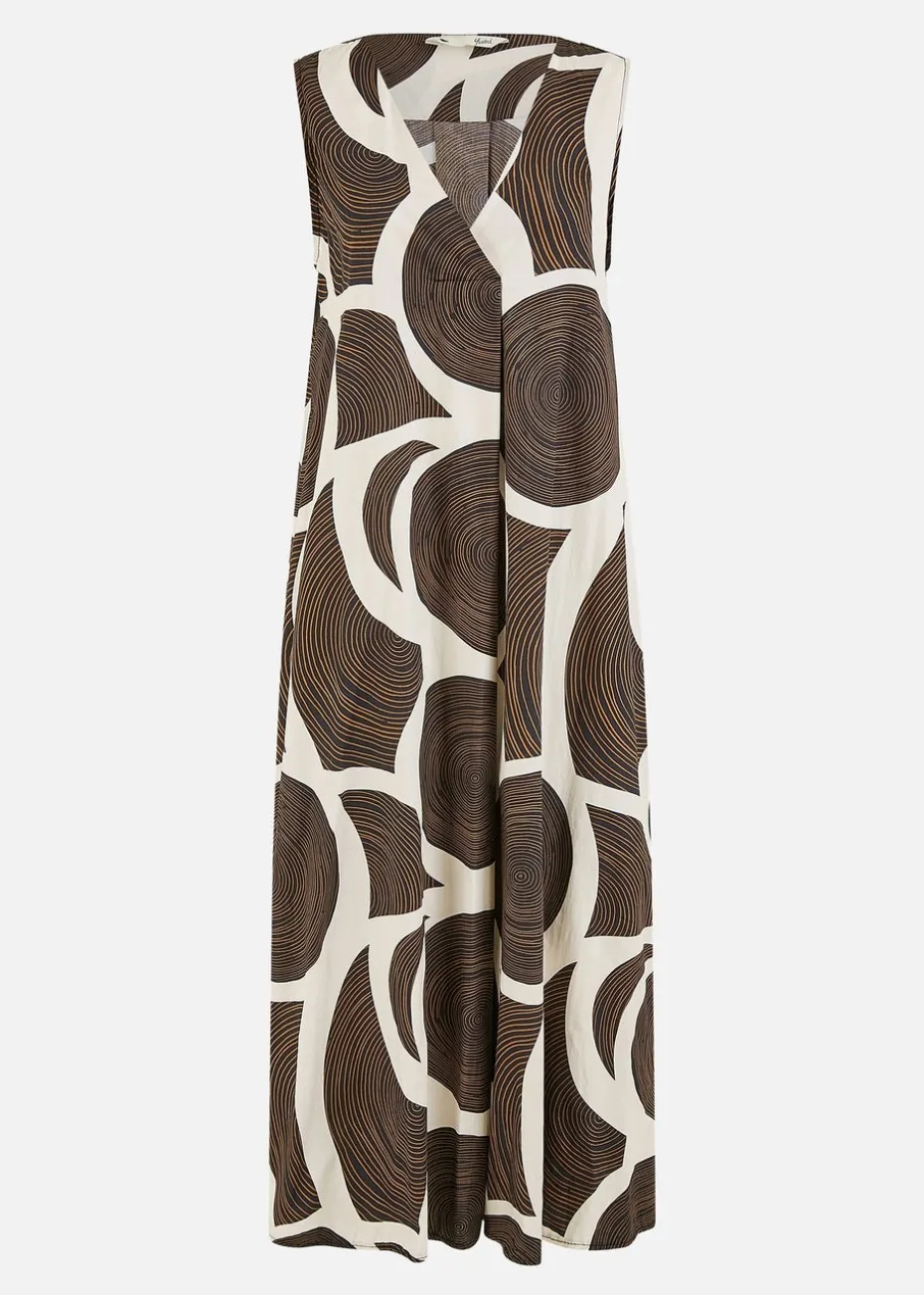 Yumi Brown Cotton Abstract Circle Trapeze Relaxed Midi Dress