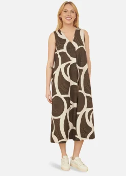 Yumi Brown Cotton Abstract Circle Trapeze Relaxed Midi Dress