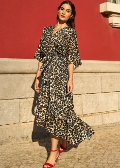 Yumi Brown Leopard Midi Wrap Dress With Kimono Sleeves