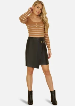 Yumi Brown Stripe Rib Knitted Long Sleeve Top With Button Details