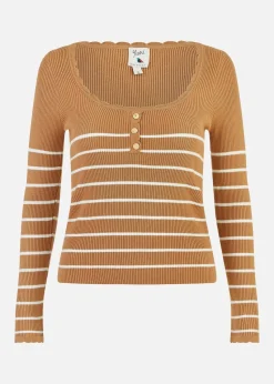 Yumi Brown Stripe Rib Knitted Long Sleeve Top With Button Details