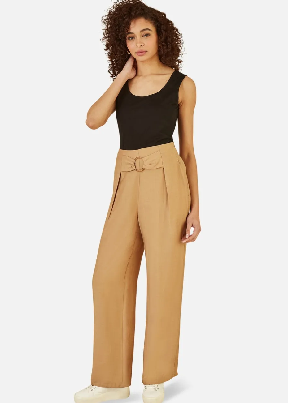Yumi Brown Wide Leg trousers With Front Buckle Detail