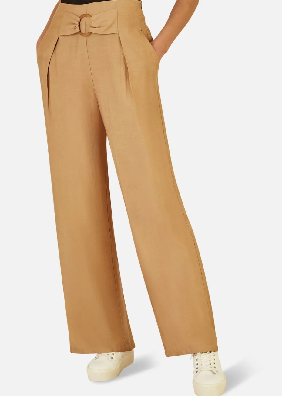 Yumi Brown Wide Leg trousers With Front Buckle Detail