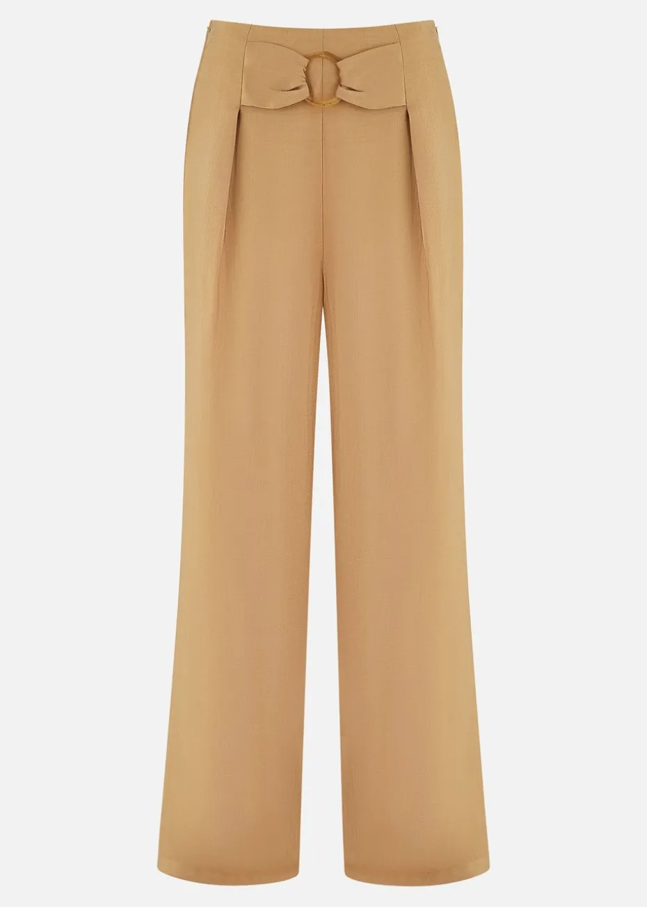 Yumi Brown Wide Leg trousers With Front Buckle Detail