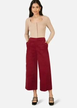 Yumi Burgundy Cord Cropped Wide Leg Trousers With Pockets